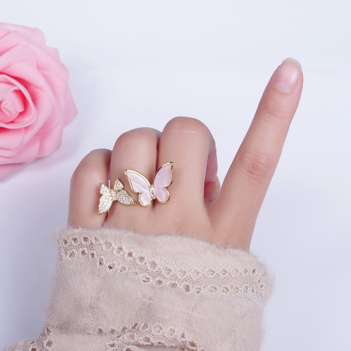24K Gold Filled Micro Pave Cubic Zirconia Butterfly & Shell Mariposa Double Insect Butterfly Open Ring S-244 - DLUXCA