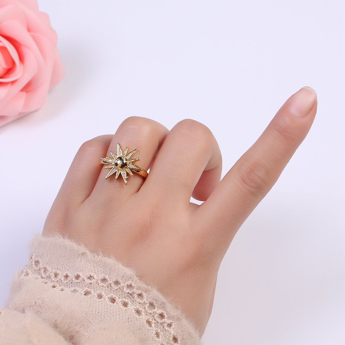 24K Gold Filled Micro Pave Cubic Zirconia CZ Sunburst Sun Star Adjustable, Statement Ring S-363