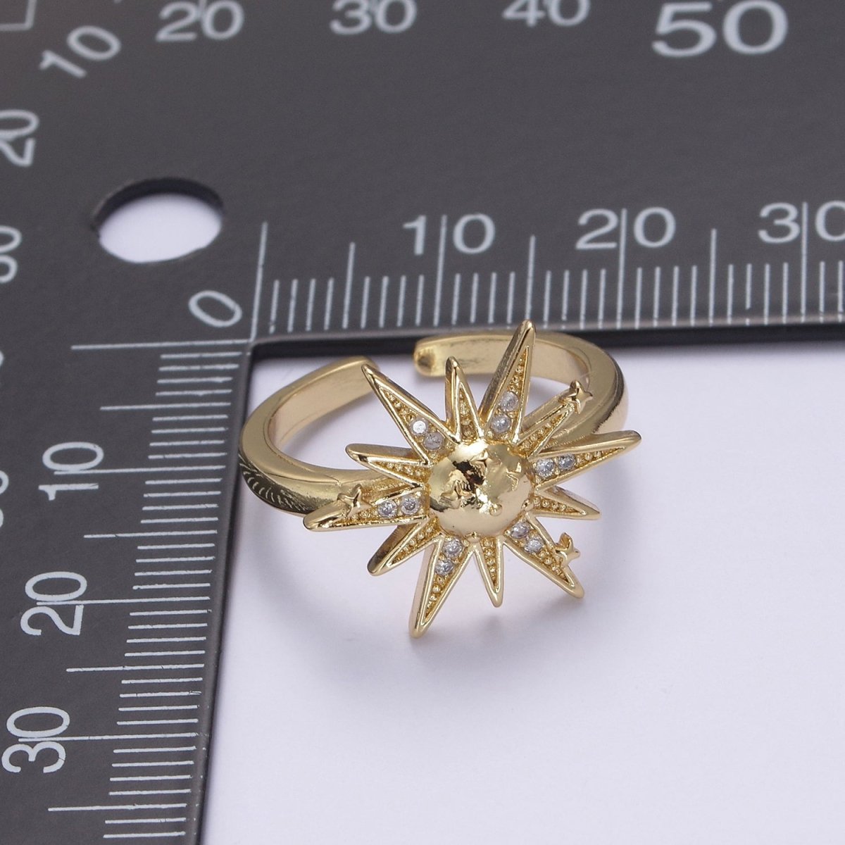 24K Gold Filled Micro Pave Cubic Zirconia CZ Sunburst Sun Star Adjustable, Statement Ring S-363