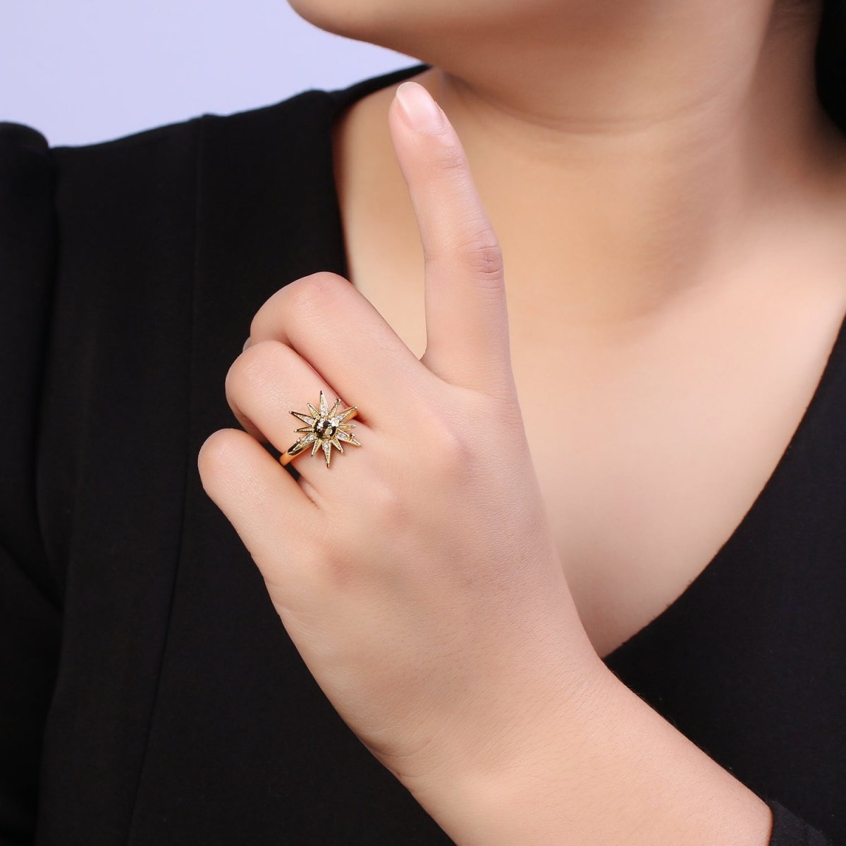 24K Gold Filled Micro Pave Cubic Zirconia CZ Sunburst Sun Star Adjustable, Statement Ring S-363