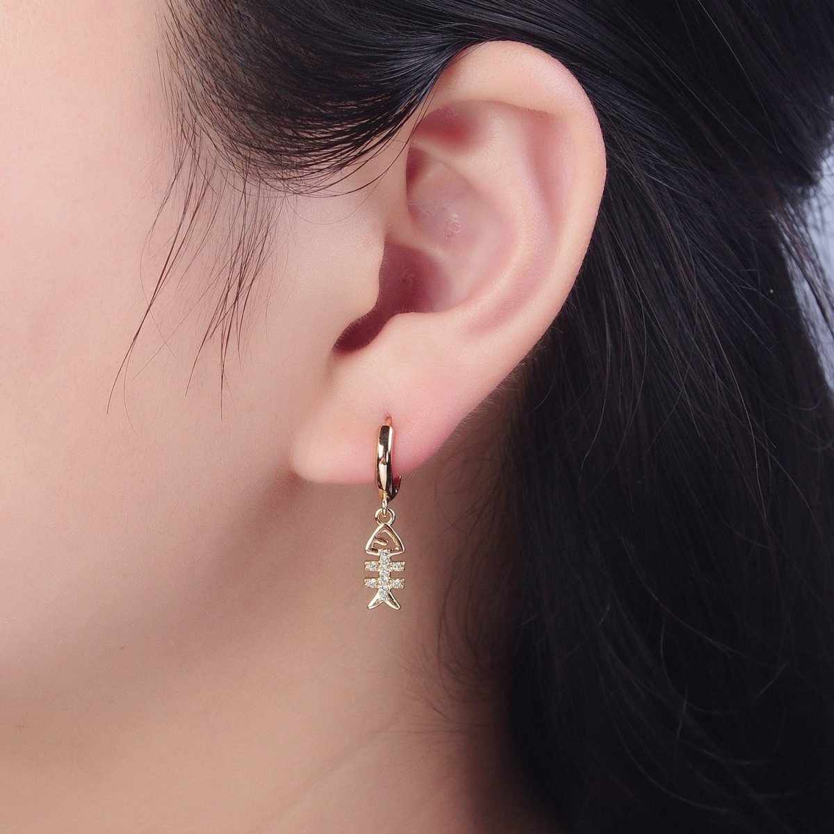24K Gold Filled Micro Pave Cubic Zirconia Fish Bone Charm Dangle Huggie Hoop Earrings P-436 - DLUXCA