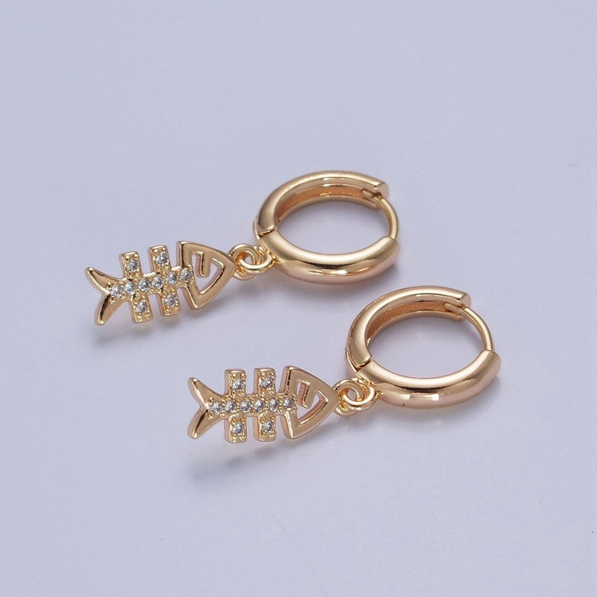 24K Gold Filled Micro Pave Cubic Zirconia Fish Bone Charm Dangle Huggie Hoop Earrings P-436 - DLUXCA