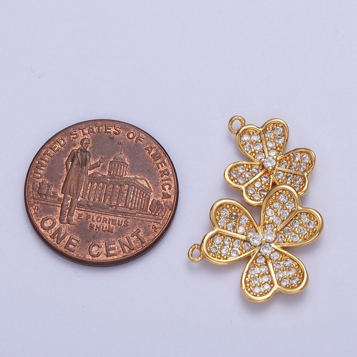 24K Gold Filled Micro Pave Cubic Zirconia Nature Lucky Clover Leaf Connector F-489 - DLUXCA