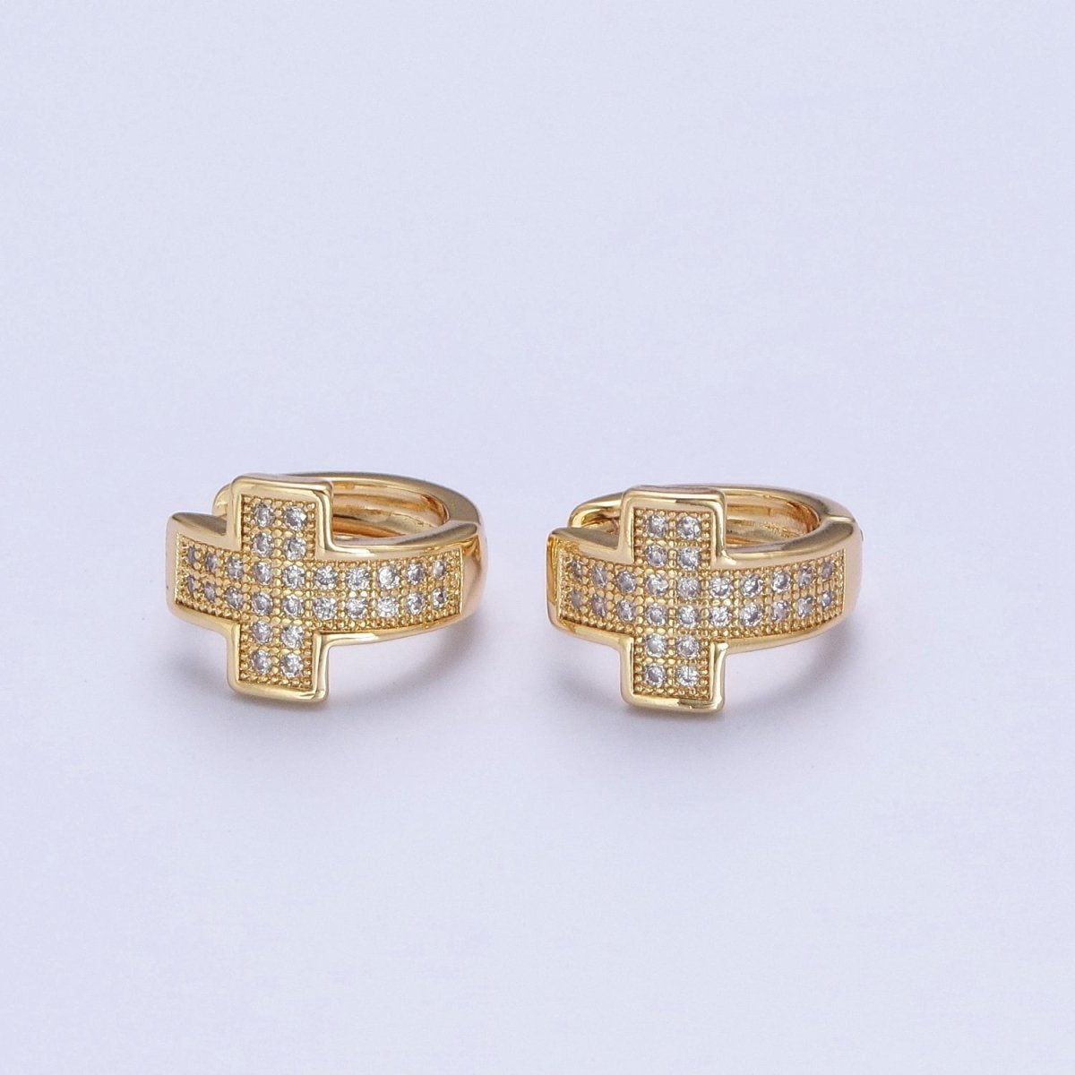 24K Gold Filled Micro Pave Cubic Zirconia Religious Cross Huggie Hoop Earrings T-037 - DLUXCA