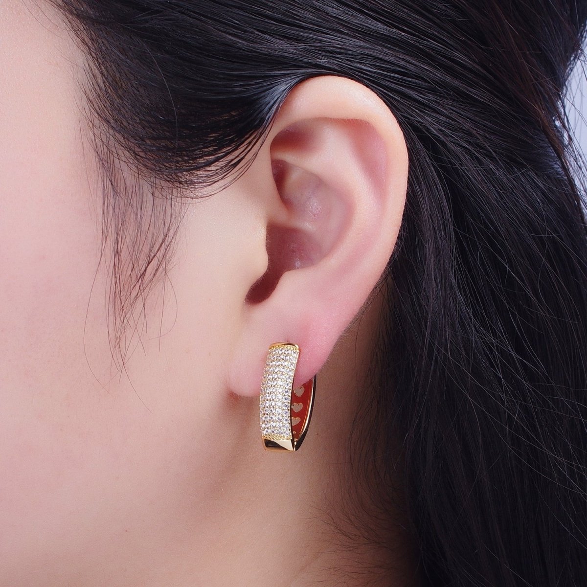 24K Gold Filled Micro Pave Cubic Zirconia Teardrop Triangle Huggie Hoop Earrings T-038 - DLUXCA