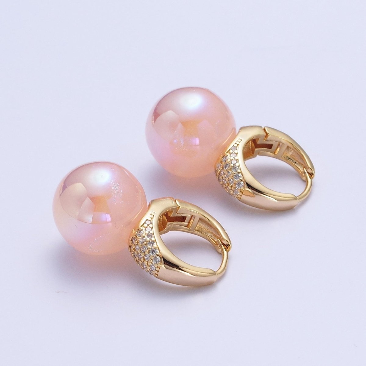 24K Gold Filled Micro Pave CZ 15mm Huggie Hoop Earrings with Round Ball Pastel AB Color Drop P-230 - P-233