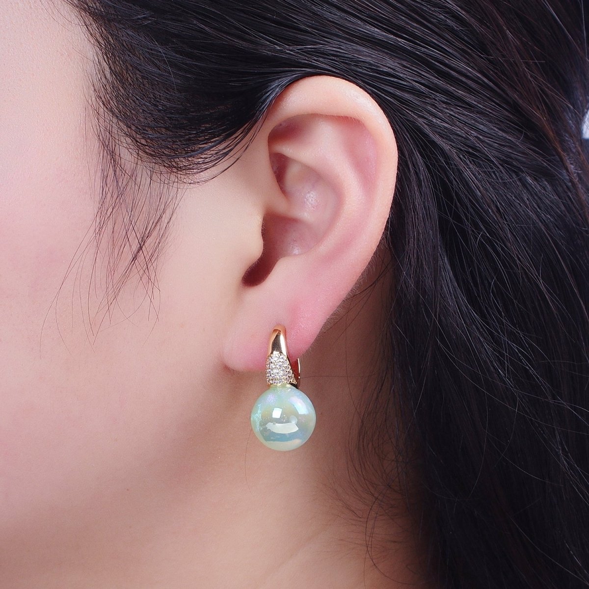 24K Gold Filled Micro Pave CZ 15mm Huggie Hoop Earrings with Round Ball Pastel AB Color Drop P-230 - P-233