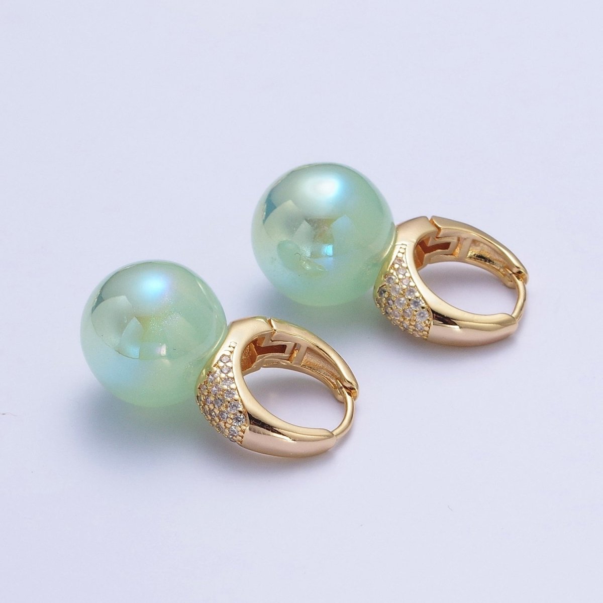 24K Gold Filled Micro Pave CZ 15mm Huggie Hoop Earrings with Round Ball Pastel AB Color Drop P-230 - P-233