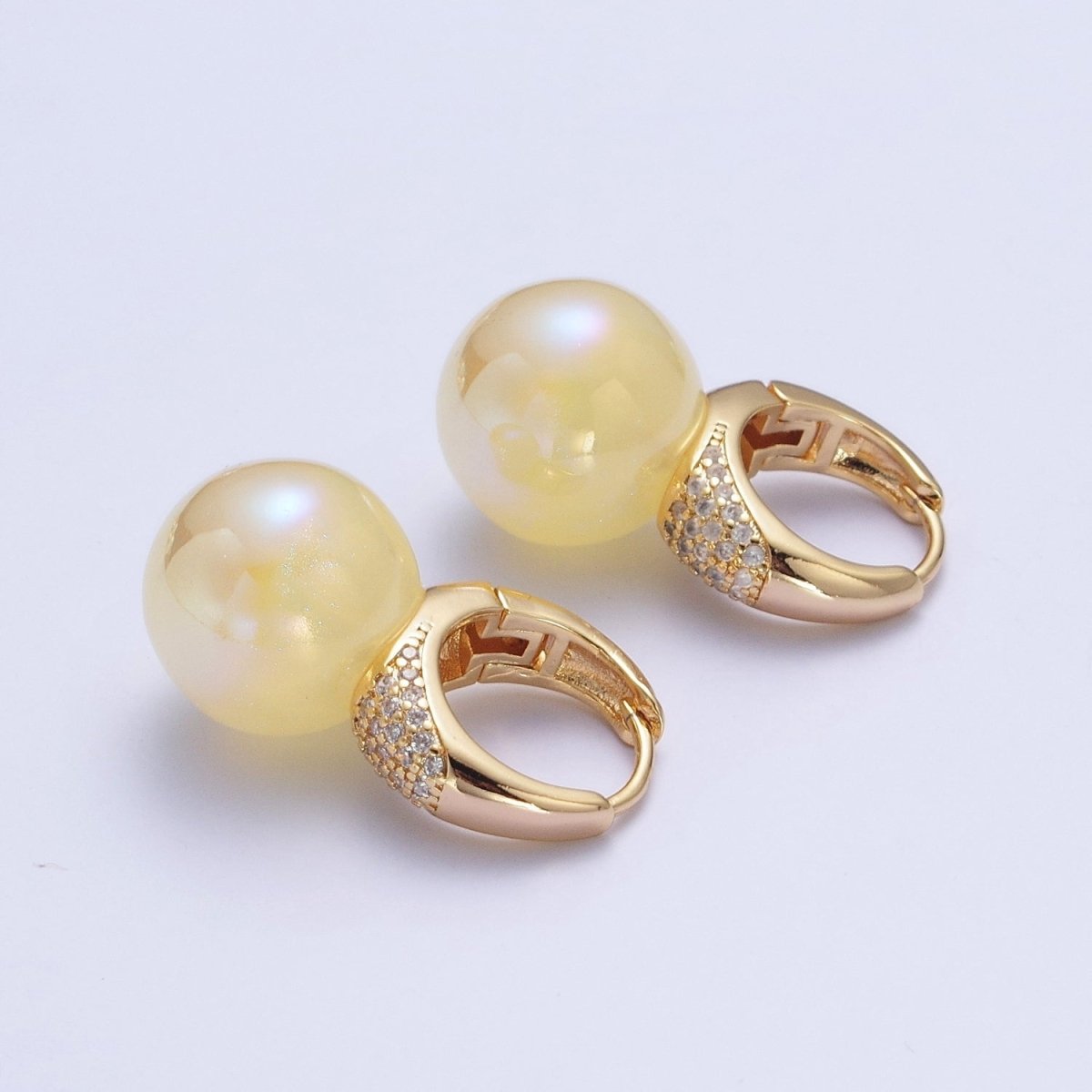 24K Gold Filled Micro Pave CZ 15mm Huggie Hoop Earrings with Round Ball Pastel AB Color Drop P-230 - P-233