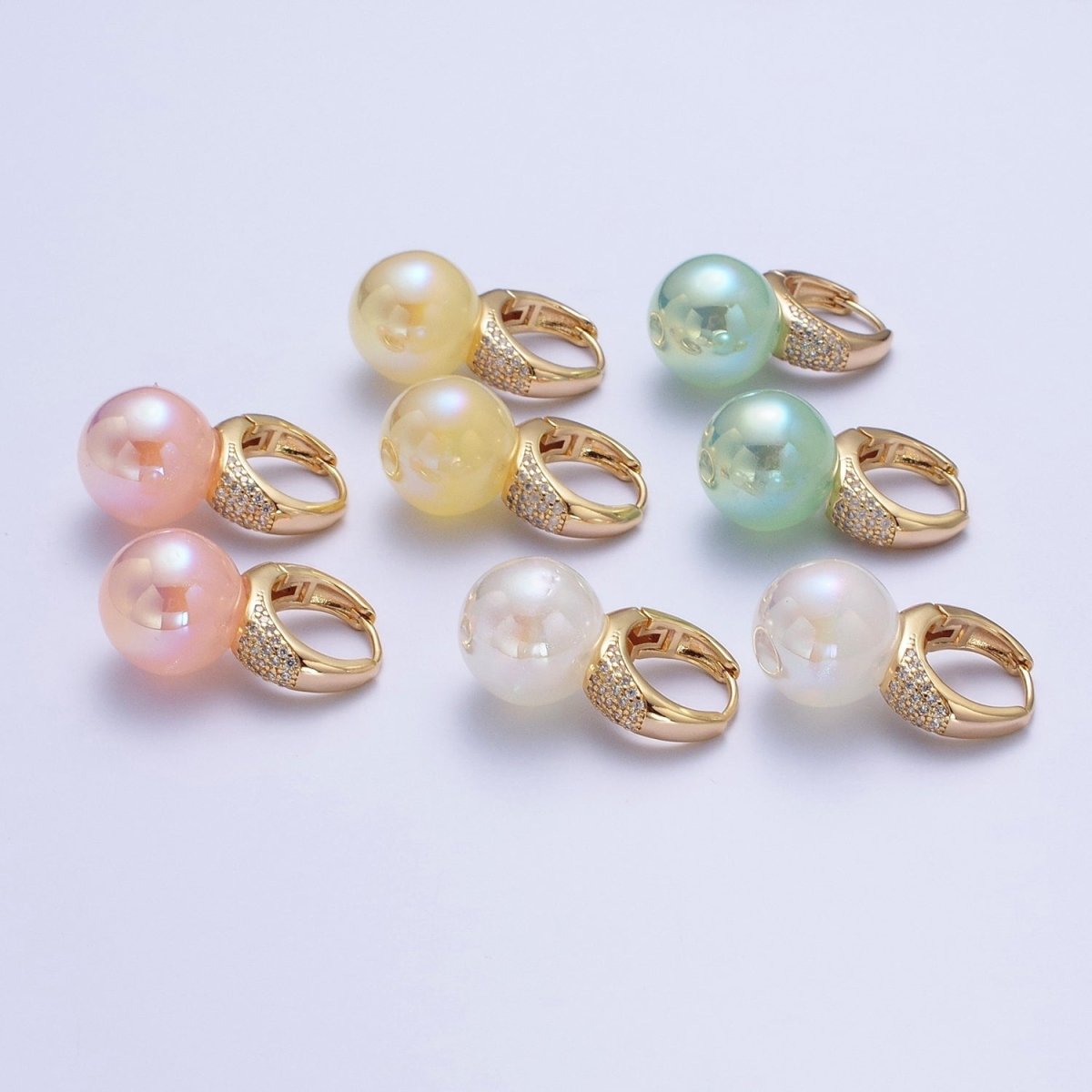 24K Gold Filled Micro Pave CZ 15mm Huggie Hoop Earrings with Round Ball Pastel AB Color Drop P-230 - P-233