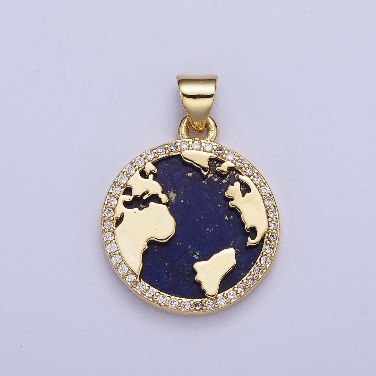 24K Gold Filled Micro Pave CZ Blue Lapiz Globe World Map Medallion Pendant For Traveler Gift X-426 - DLUXCA