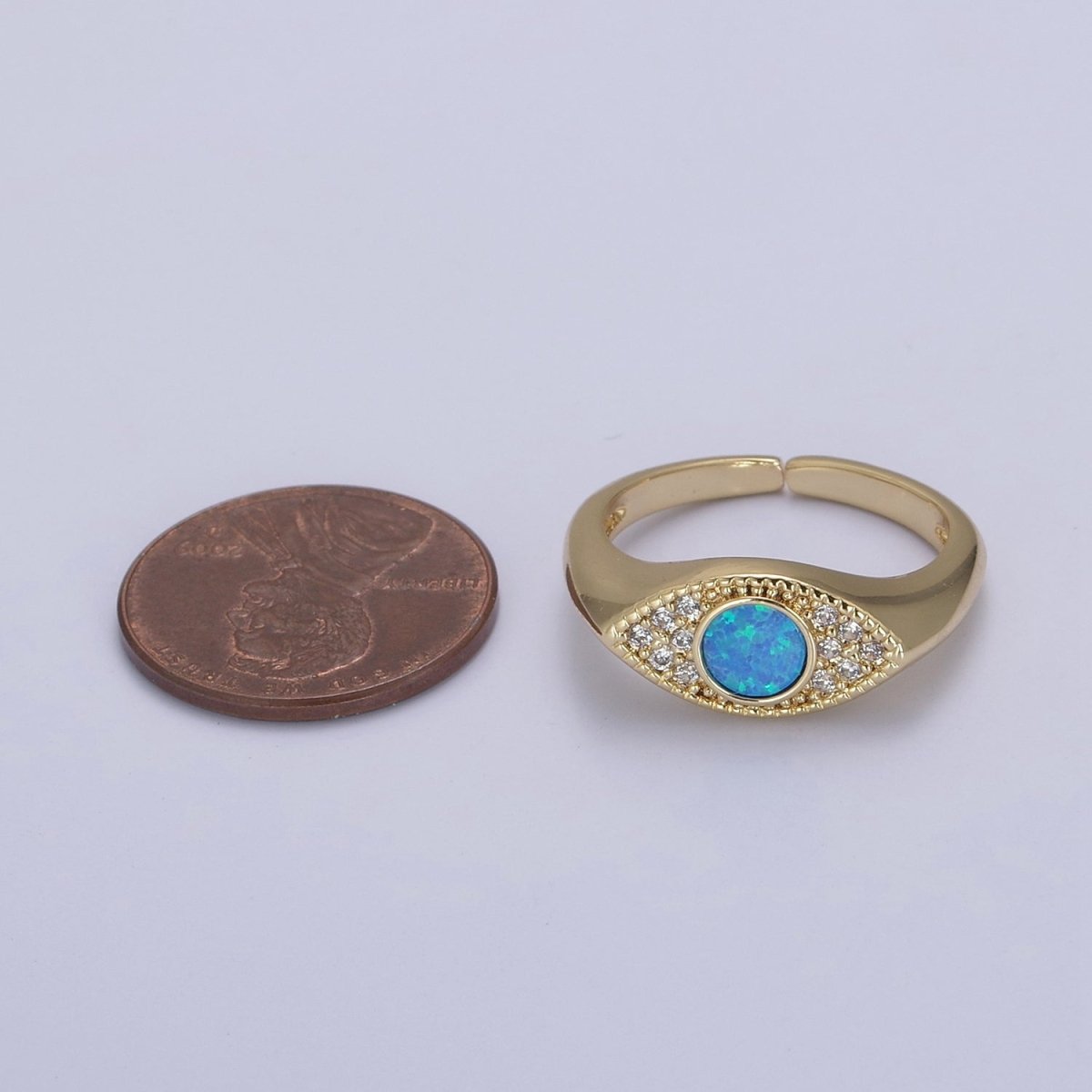 24K Gold Filled Micro Pave CZ Cubic Zirconia Evil Eye Ring, White Blue Opal Cuff Dome Signet Ring U-535 U-536