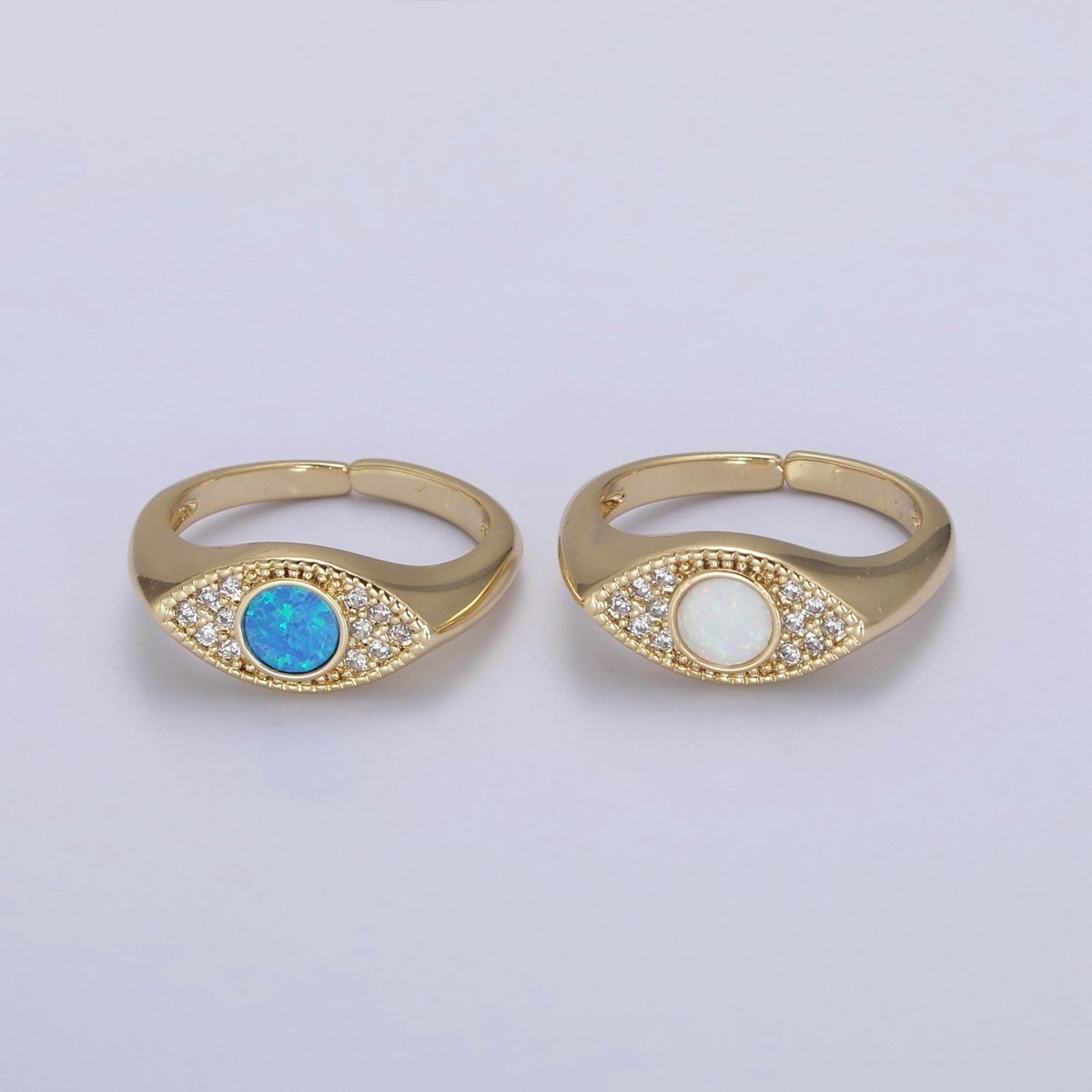 24K Gold Filled Micro Pave CZ Cubic Zirconia Evil Eye Ring, White Blue Opal Cuff Dome Signet Ring U-535 U-536