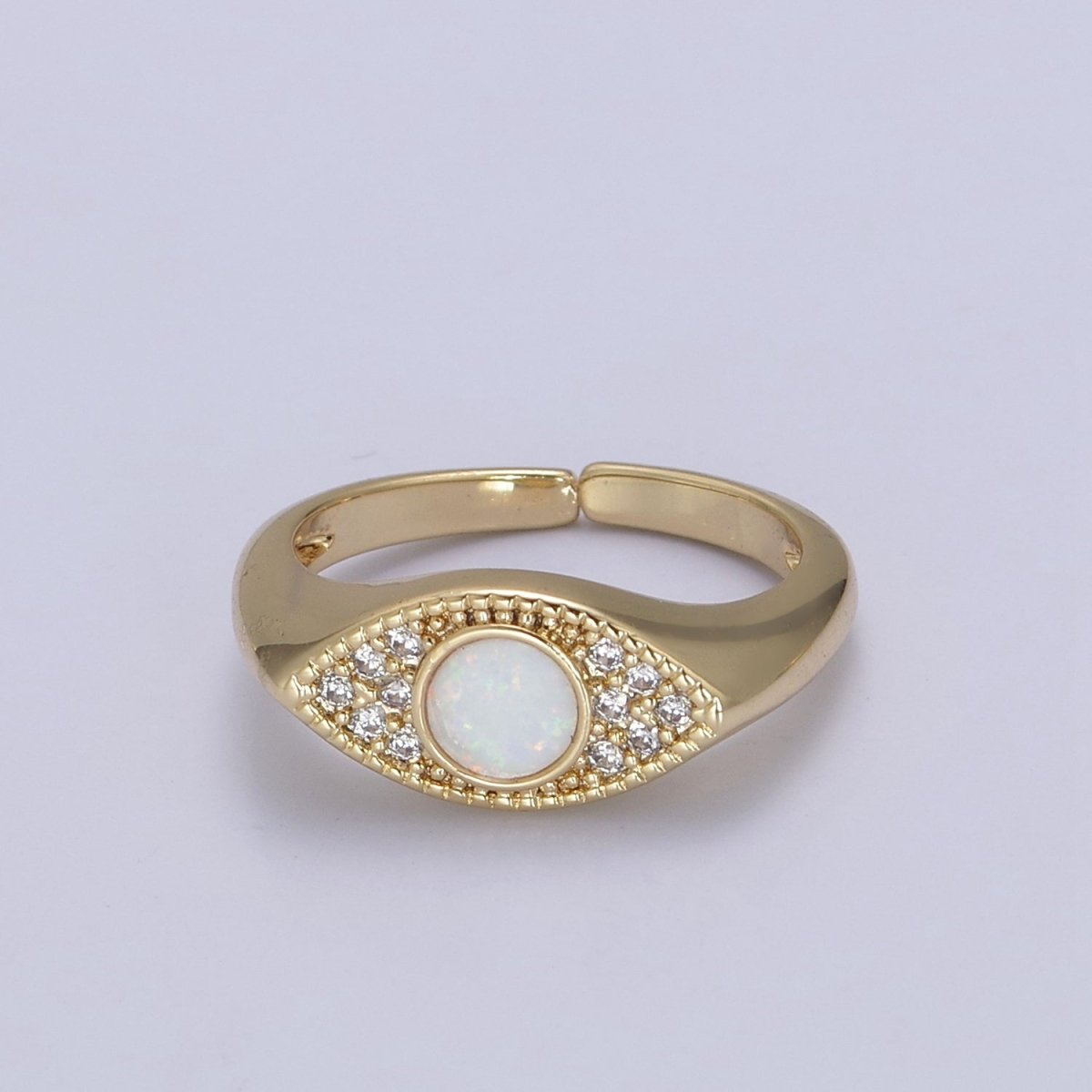 24K Gold Filled Micro Pave CZ Cubic Zirconia Evil Eye Ring, White Blue Opal Cuff Dome Signet Ring U-535 U-536