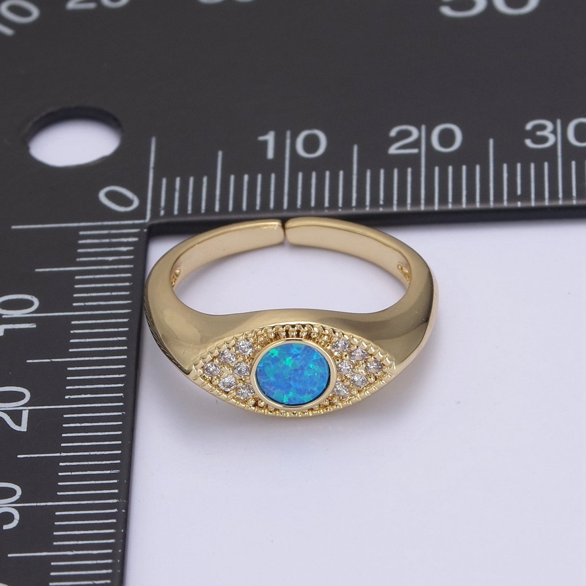 24K Gold Filled Micro Pave CZ Cubic Zirconia Evil Eye Ring, White Blue Opal Cuff Dome Signet Ring U-535 U-536