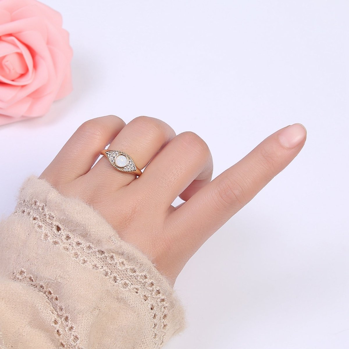 24K Gold Filled Micro Pave CZ Cubic Zirconia Evil Eye Ring, White Blue Opal Cuff Dome Signet Ring U-535 U-536