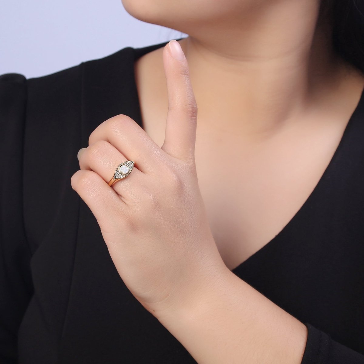 24K Gold Filled Micro Pave CZ Cubic Zirconia Evil Eye Ring, White Blue Opal Cuff Dome Signet Ring U-535 U-536