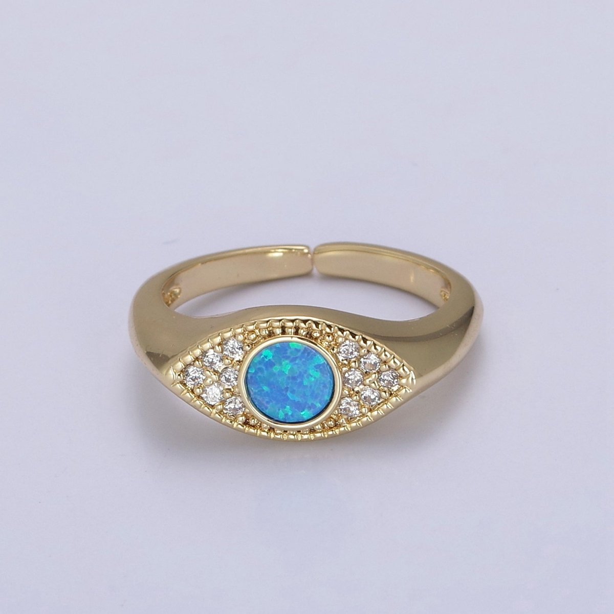 24K Gold Filled Micro Pave CZ Cubic Zirconia Evil Eye Ring, White Blue Opal Cuff Dome Signet Ring U-535 U-536