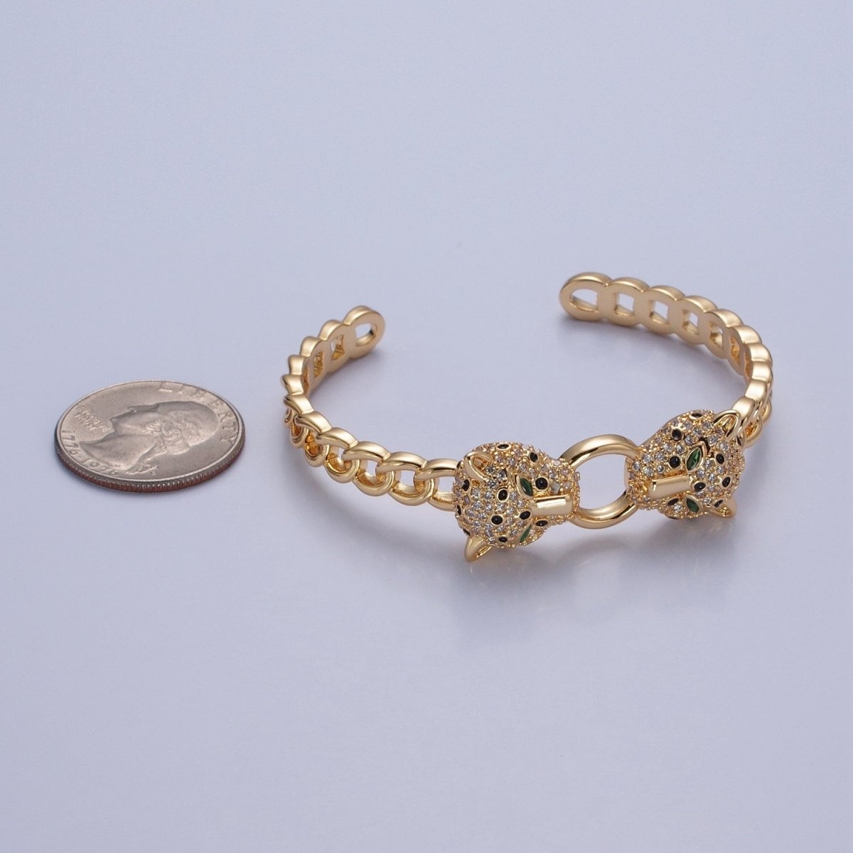 24K Gold Filled Micro Pave CZ Panther with Curb Chain Link Bangle Bracelet | WA-976 WA-977 Clearance Pricing