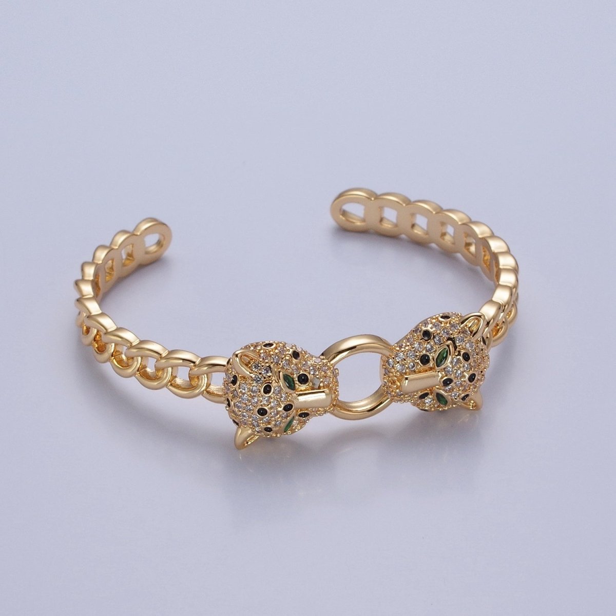24K Gold Filled Micro Pave CZ Panther with Curb Chain Link Bangle Bracelet | WA-976 WA-977 Clearance Pricing