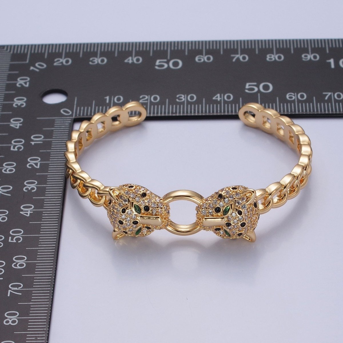 24K Gold Filled Micro Pave CZ Panther with Curb Chain Link Bangle Bracelet | WA-976 WA-977 Clearance Pricing