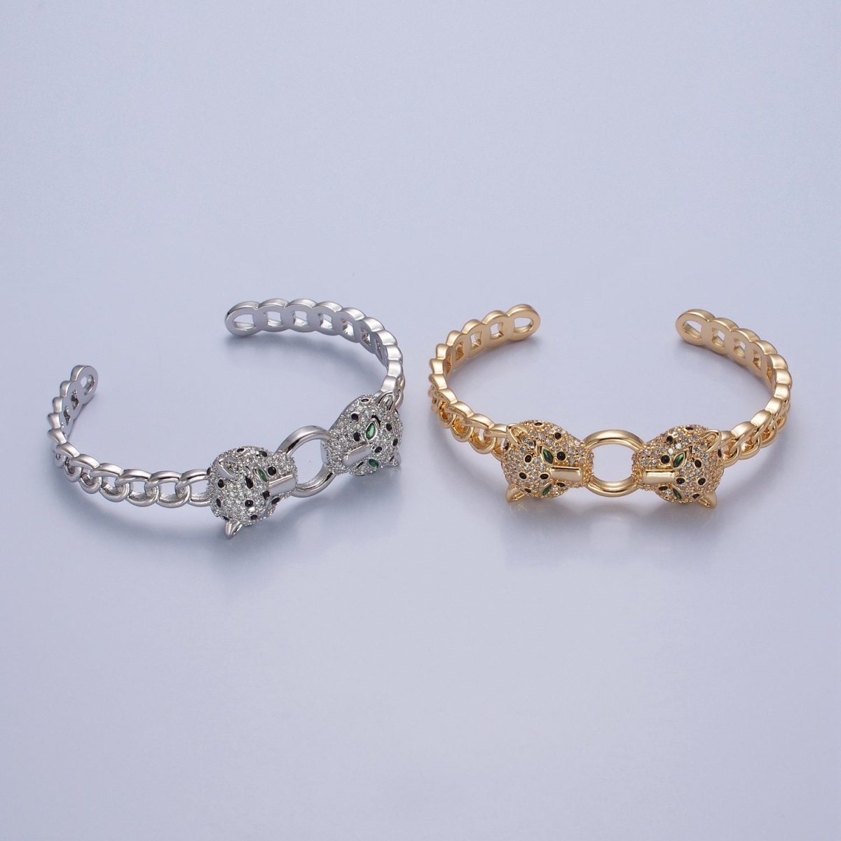 24K Gold Filled Micro Pave CZ Panther with Curb Chain Link Bangle Bracelet | WA-976 WA-977 Clearance Pricing