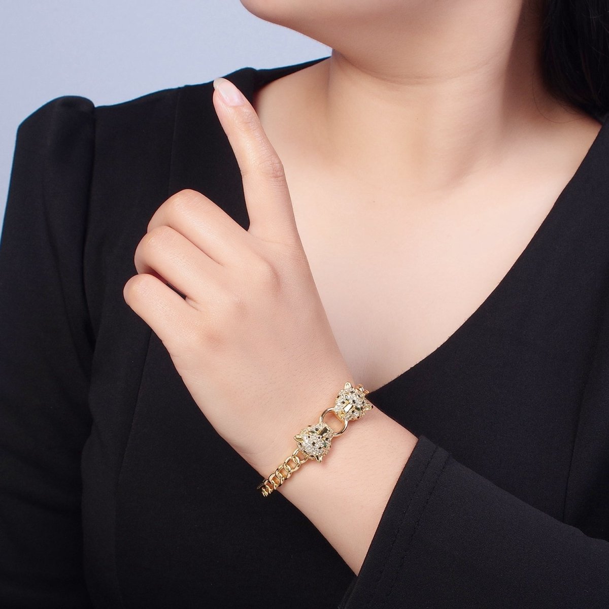 24K Gold Filled Micro Pave CZ Panther with Curb Chain Link Bangle Bracelet | WA-976 WA-977 Clearance Pricing