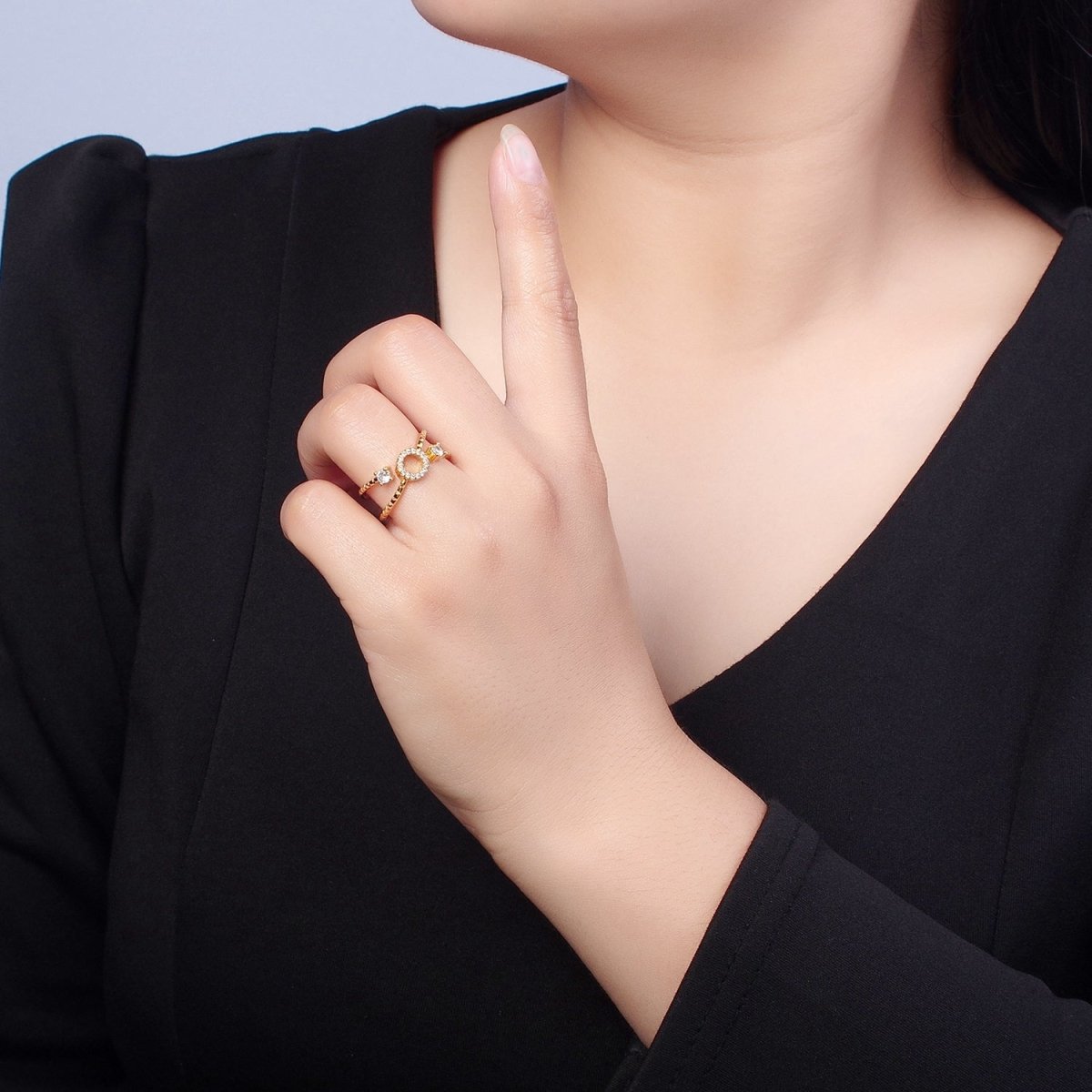 24K Gold Filled Micro Pave CZ Round Double Band Ring in Silver & Gold O-2279 O-2280