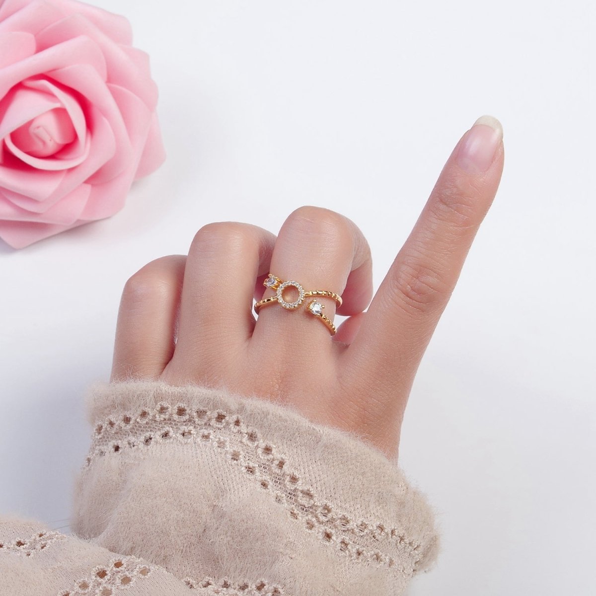 24K Gold Filled Micro Pave CZ Round Double Band Ring in Silver & Gold O-2279 O-2280