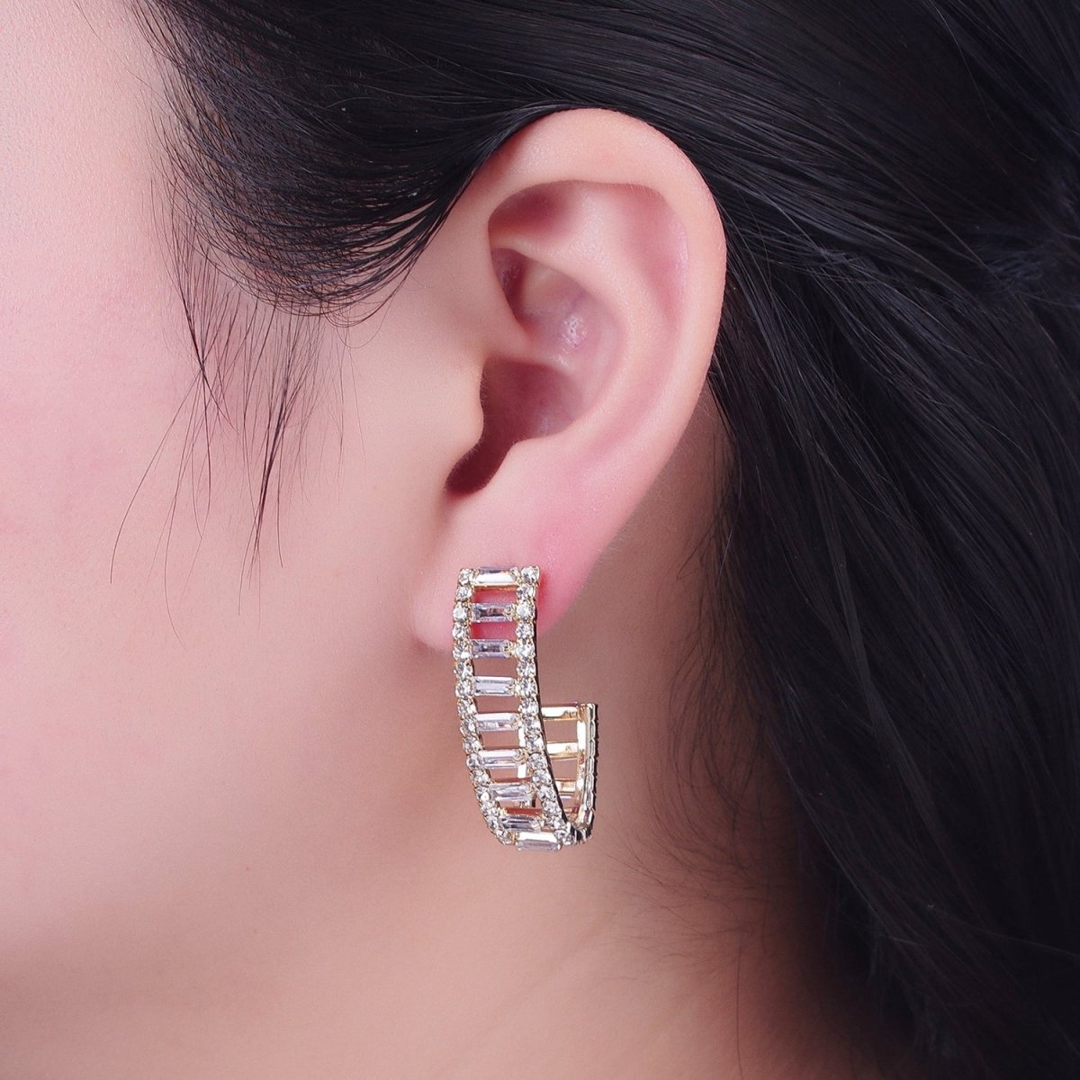 24K Gold Filled Micro Pave Double Band Baguette C Shaped Stud Earrings P-318 - DLUXCA