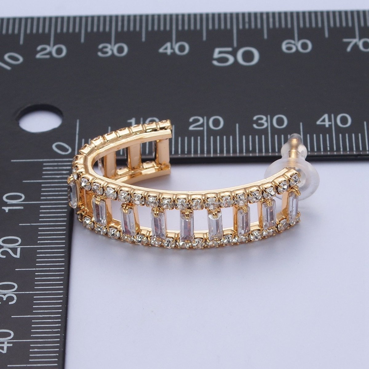 24K Gold Filled Micro Pave Double Band Baguette C Shaped Stud Earrings P-318 - DLUXCA