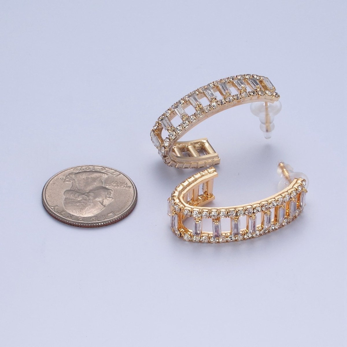 24K Gold Filled Micro Pave Double Band Baguette C Shaped Stud Earrings P-318 - DLUXCA