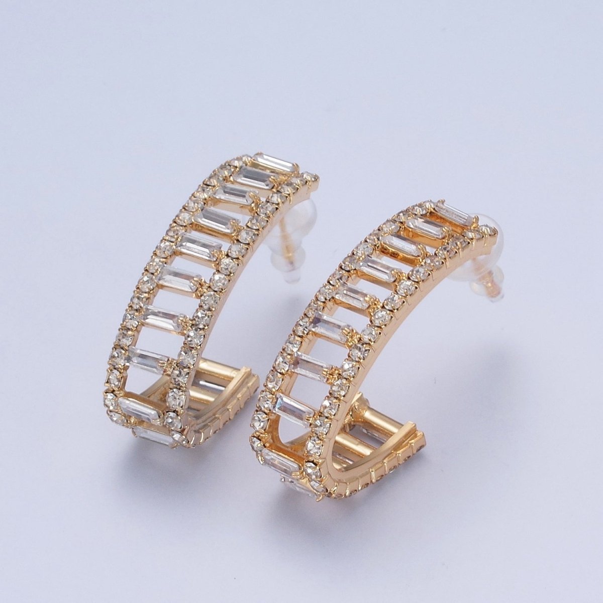 24K Gold Filled Micro Pave Double Band Baguette C Shaped Stud Earrings P-318 - DLUXCA