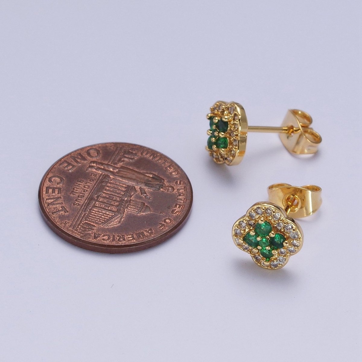 24K Gold Filled Micro Pave Green & Clear Cubic Zirconia Lucky Clover Leaf Stud Earrings | X-860 - DLUXCA