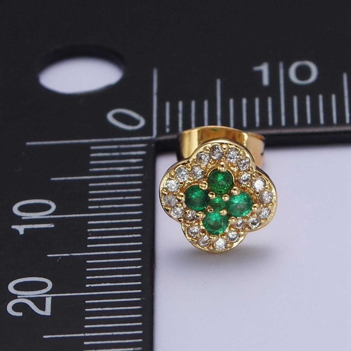 24K Gold Filled Micro Pave Green & Clear Cubic Zirconia Lucky Clover Leaf Stud Earrings | X-860 - DLUXCA