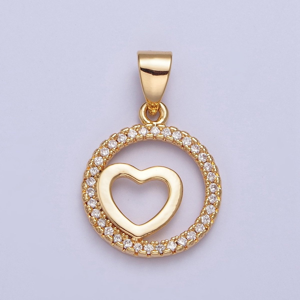 24K Gold Filled Micro Pave Heart Love Round Open Medallion Pendant For Jewelry Making X-448 - DLUXCA