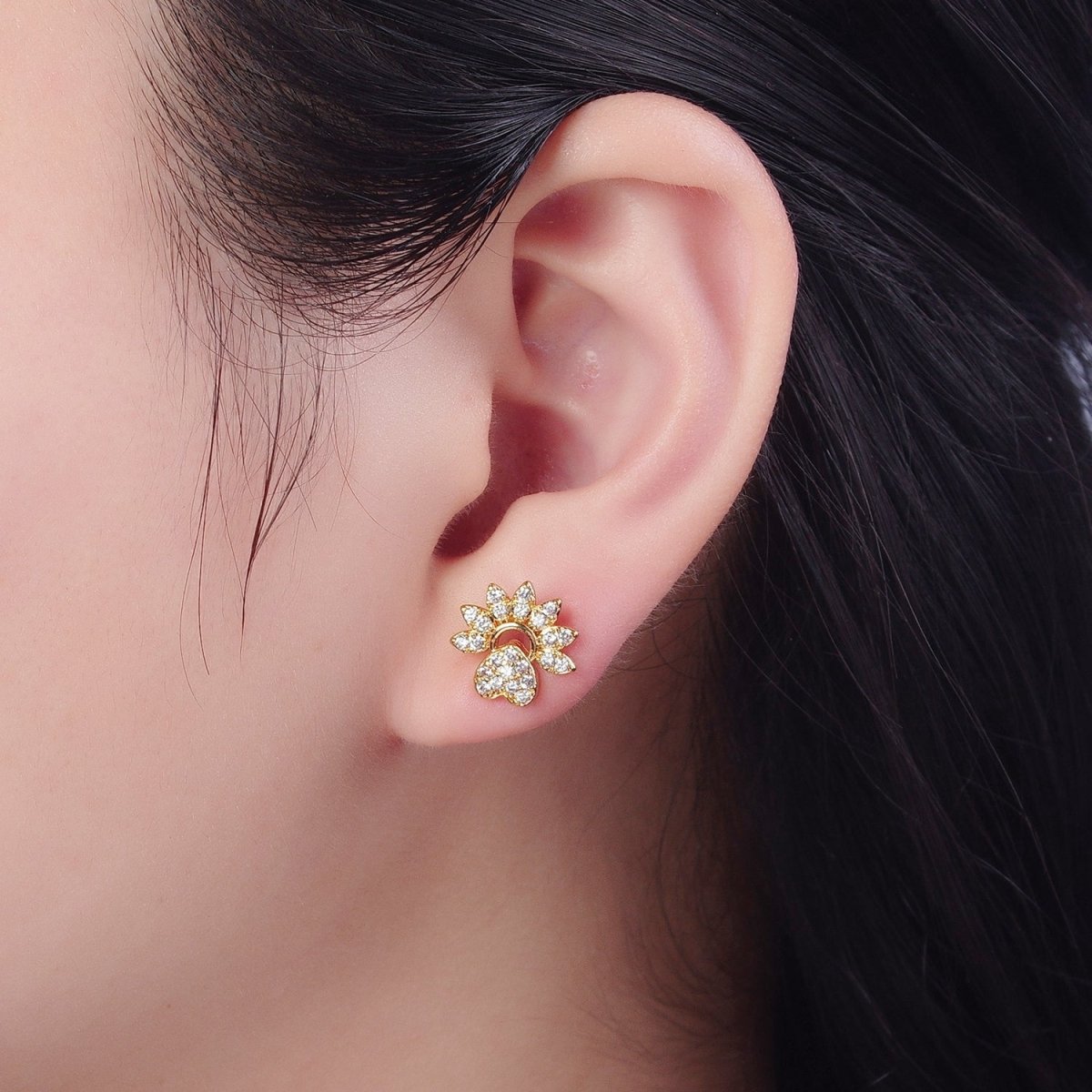 24K Gold Filled Micro Pave Heart Sunburst Sun Ray Stud Earrings T-134 - DLUXCA