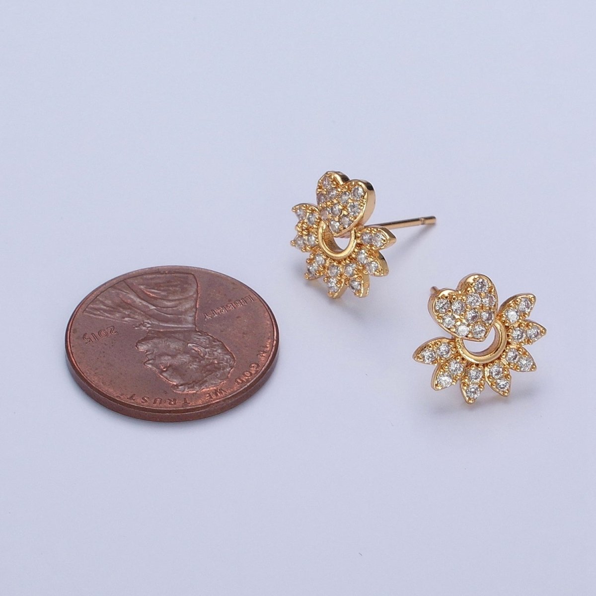24K Gold Filled Micro Pave Heart Sunburst Sun Ray Stud Earrings T-134 - DLUXCA