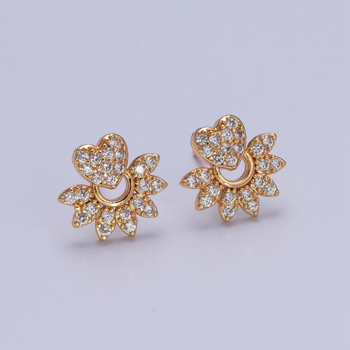24K Gold Filled Micro Pave Heart Sunburst Sun Ray Stud Earrings T-134 - DLUXCA