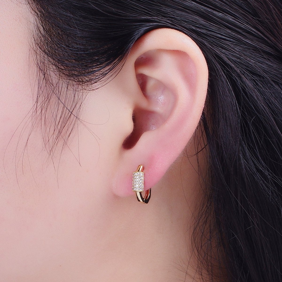 24K Gold Filled Micro Pave Long Oval Hexagonal Huggie Hoop T-033 - DLUXCA