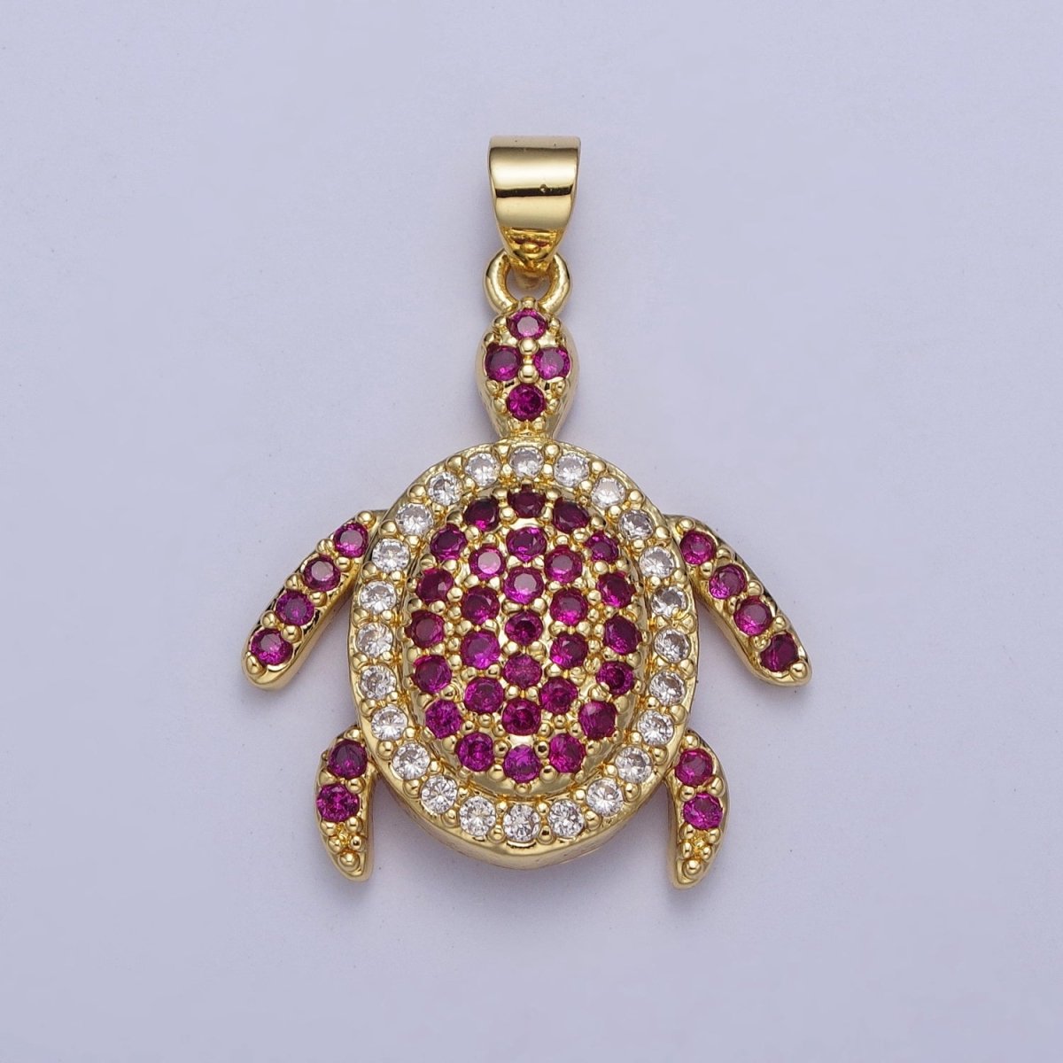 24K Gold Filled Micro Pave Ocean Wildlife Turtle Turquoise Pendant, Fuchsia & Clear Cubic Zirconia Sea Animal X-420 - DLUXCA