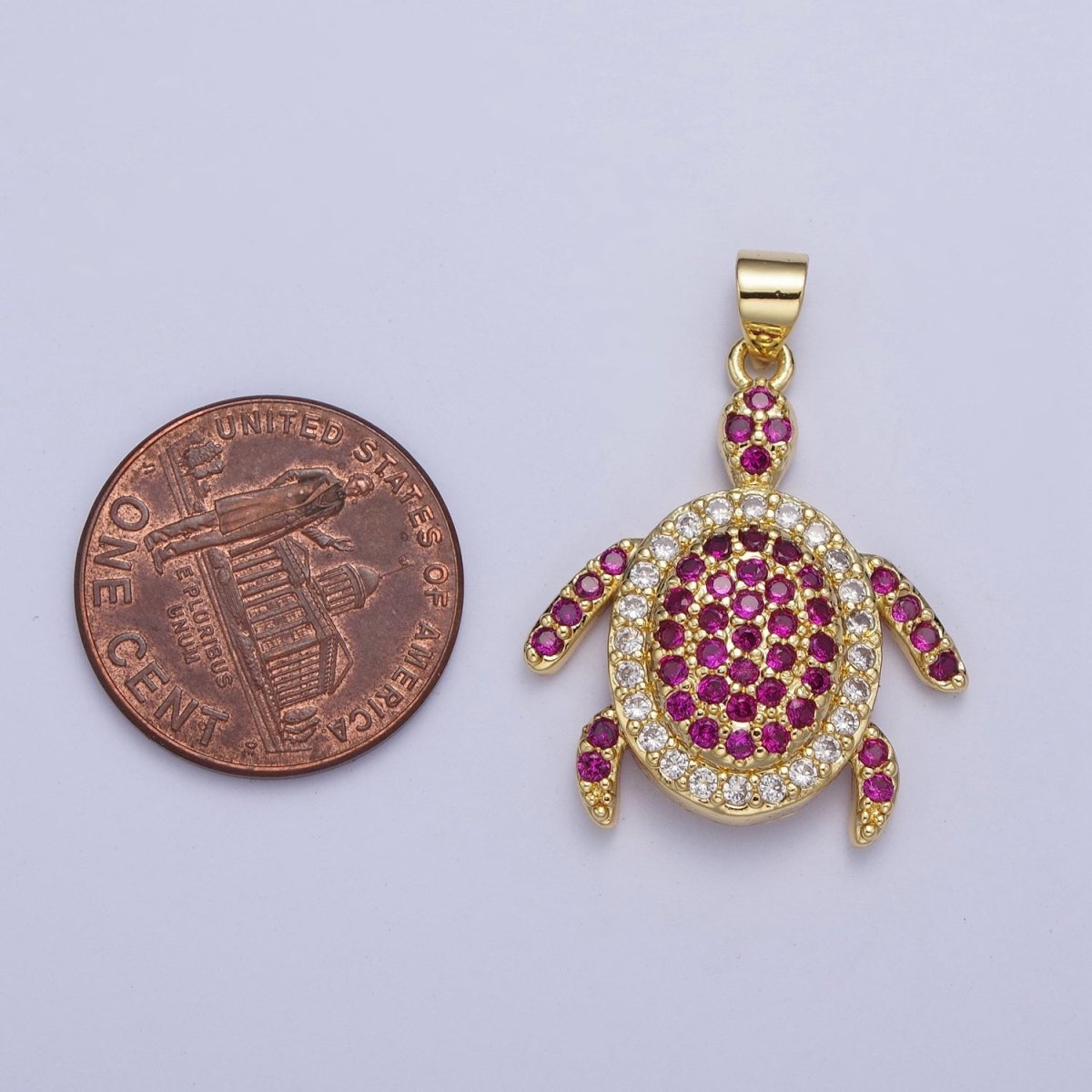 24K Gold Filled Micro Pave Ocean Wildlife Turtle Turquoise Pendant, Fuchsia & Clear Cubic Zirconia Sea Animal X-420 - DLUXCA