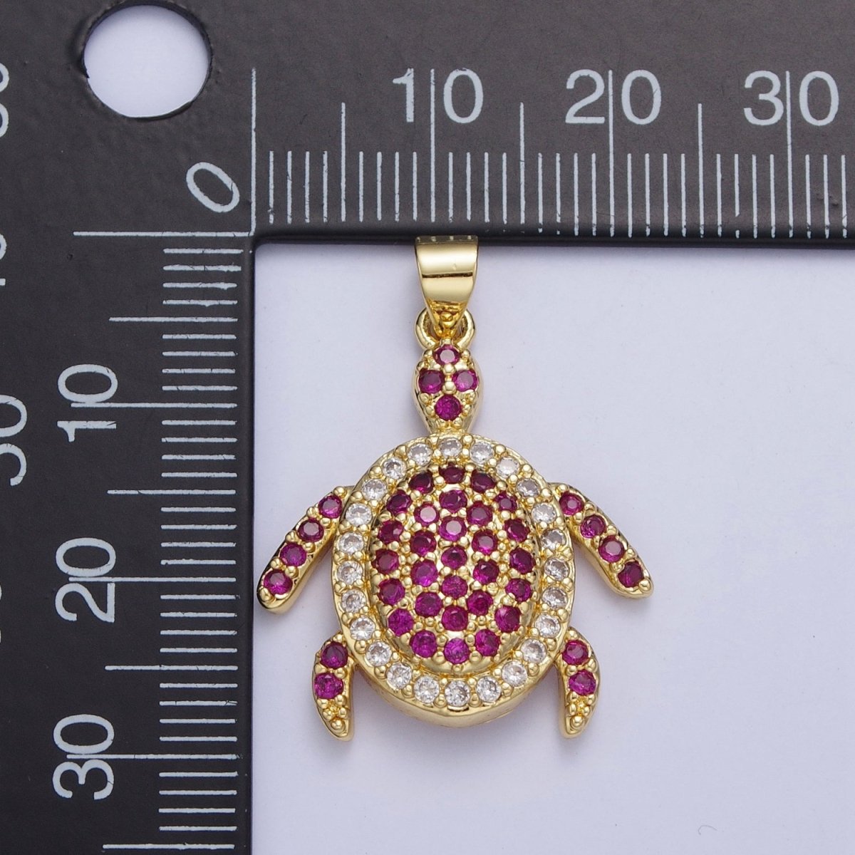 24K Gold Filled Micro Pave Ocean Wildlife Turtle Turquoise Pendant, Fuchsia & Clear Cubic Zirconia Sea Animal X-420 - DLUXCA