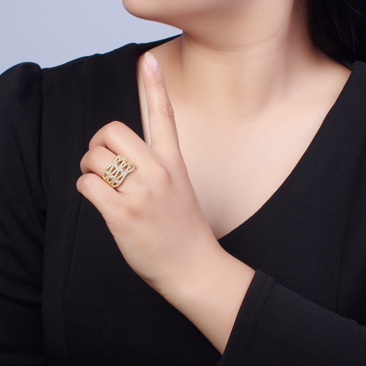 24K Gold Filled Micro Pave Signet Ring, Cubic Zirconia CZ Statement Ring in Silver & Gold O-2266 O-2267