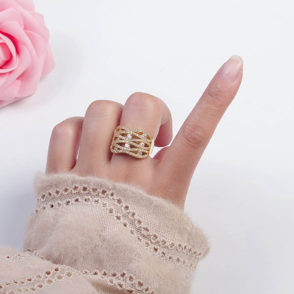 24K Gold Filled Micro Pave Signet Ring, Cubic Zirconia CZ Statement Ring in Silver & Gold O-2266 O-2267