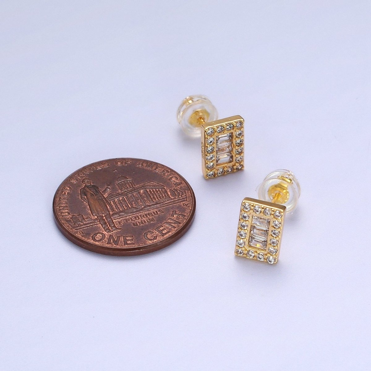 24K Gold Filled Micro Paved Baguette CZ Rectangular Bar Stud Earrings | Y-103 - DLUXCA