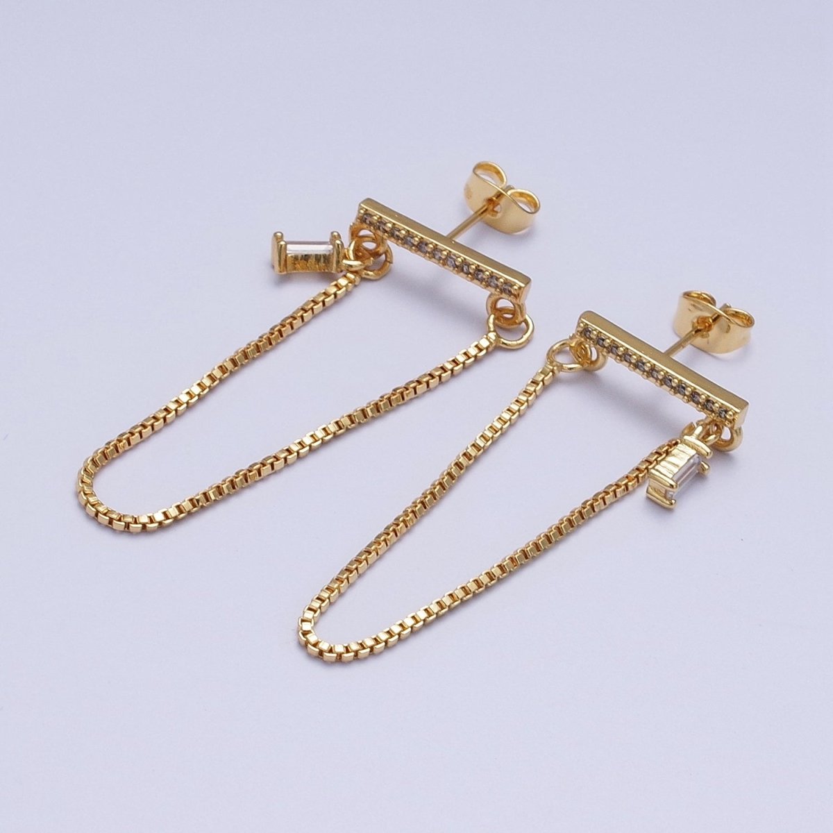 24K Gold Filled Micro Paved Bar And Box Chain Drape Baguette CZ Stud Earrings | Y-206 - DLUXCA