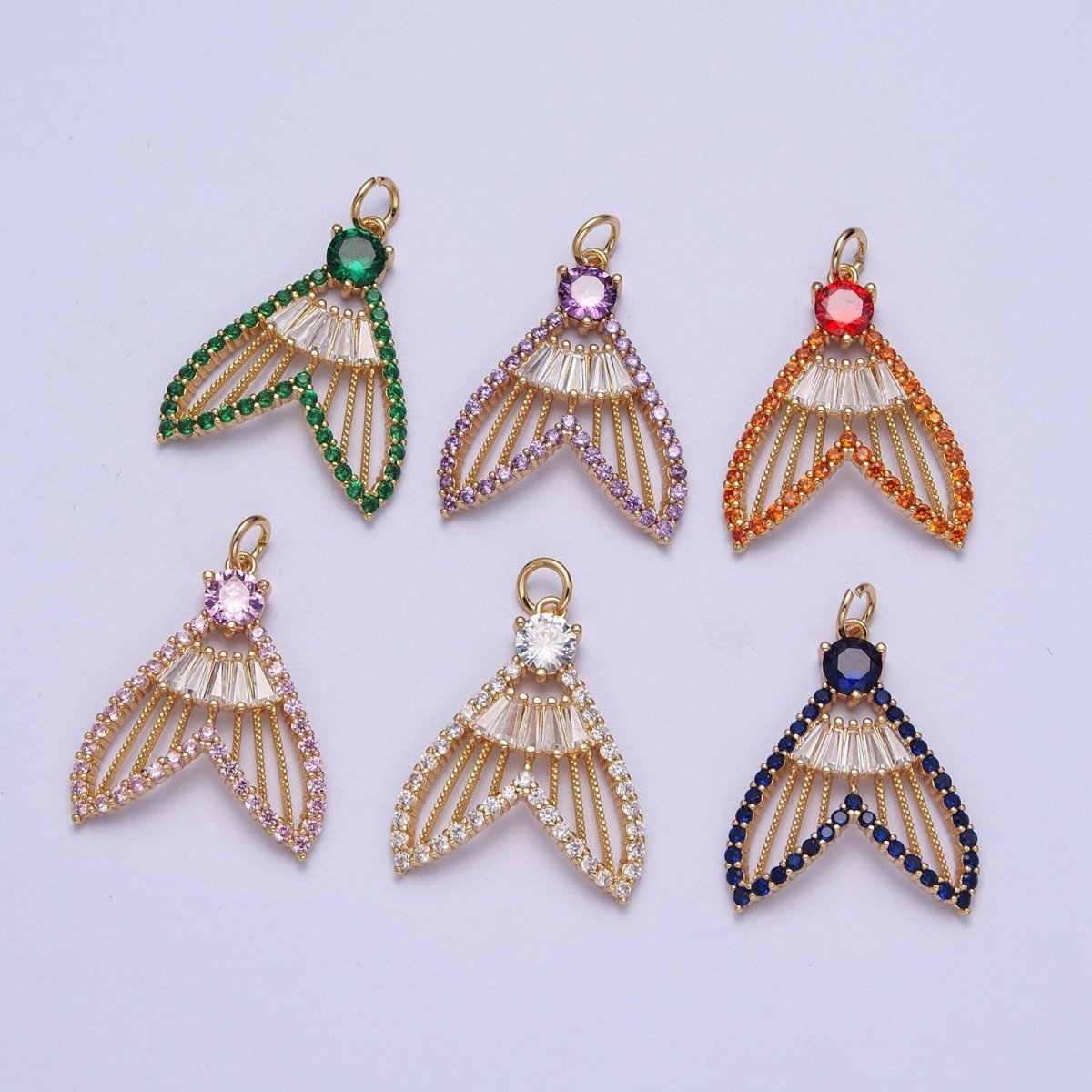 24K Gold Filled Micro Paved Clear, Pink, Green, Purple, Orange, Blue Geometric Nautical Whale Tail Charm | X-188 - X-193