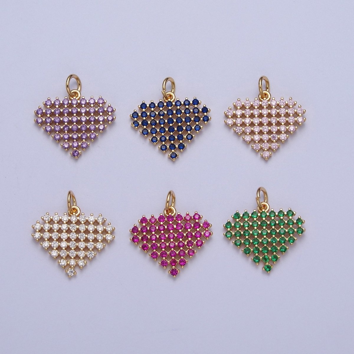 24K Gold Filled Micro Paved Clear, Purple, Fuchsia, Pink, Green, Blue Heart Diamond Charm | X-809 - X-814