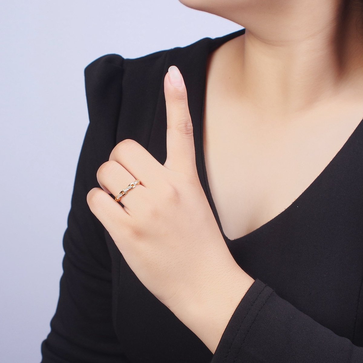 24K Gold Filled Micro Paved Cubic Zirconia Chain Link Adjustable Gold Ring | S-441